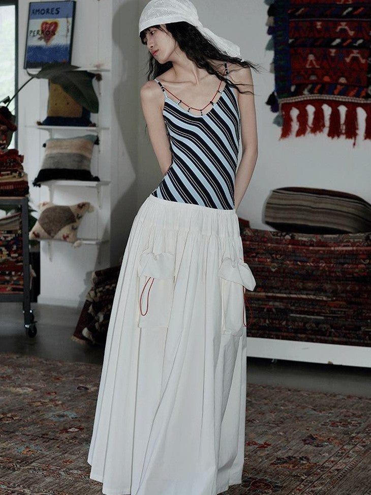 badtaste Vintage Striped Patchwork Faux Two Piece Women's Other Fabric Slip Maxi Dresses