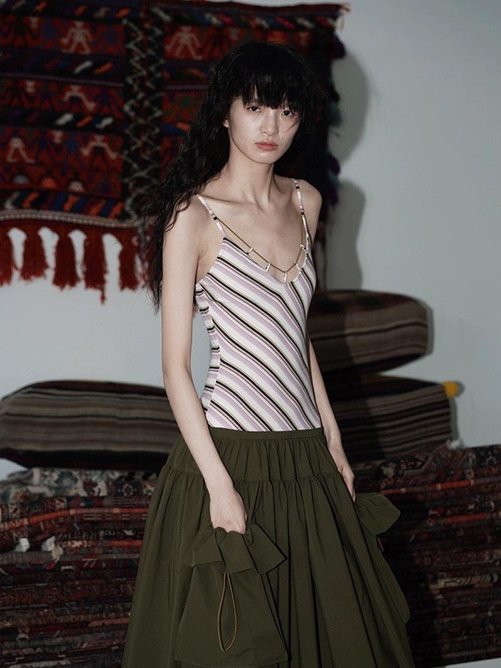 badtaste Vintage Striped Patchwork Faux Two Piece Women's Other Fabric Slip Maxi Dresses