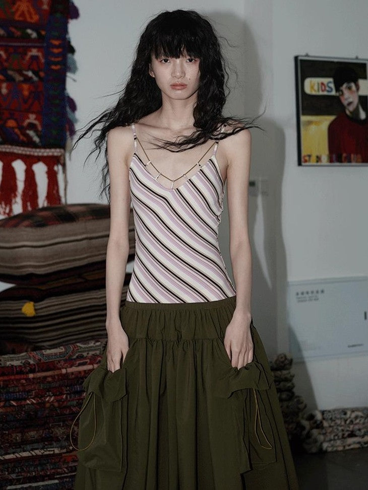 badtaste Vintage Striped Patchwork Faux Two Piece Women's Other Fabric Slip Maxi Dresses