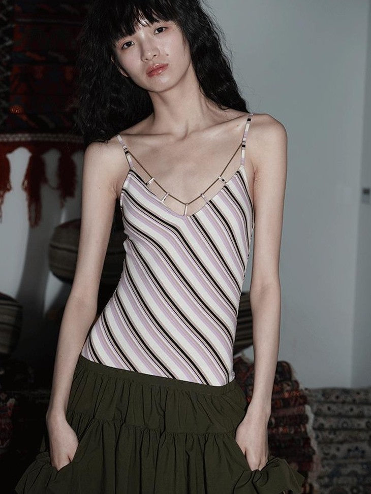 badtaste Vintage Striped Patchwork Faux Two Piece Women's Other Fabric Slip Maxi Dresses