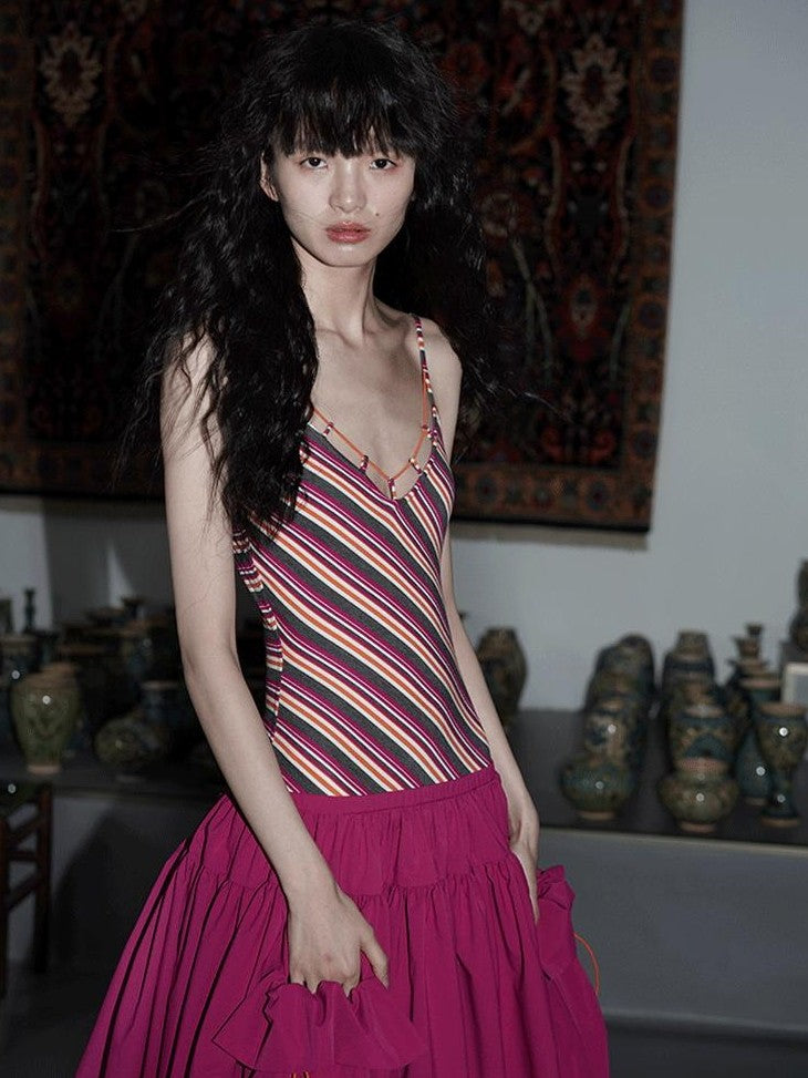 badtaste Vintage Striped Patchwork Faux Two Piece Women's Other Fabric Slip Maxi Dresses