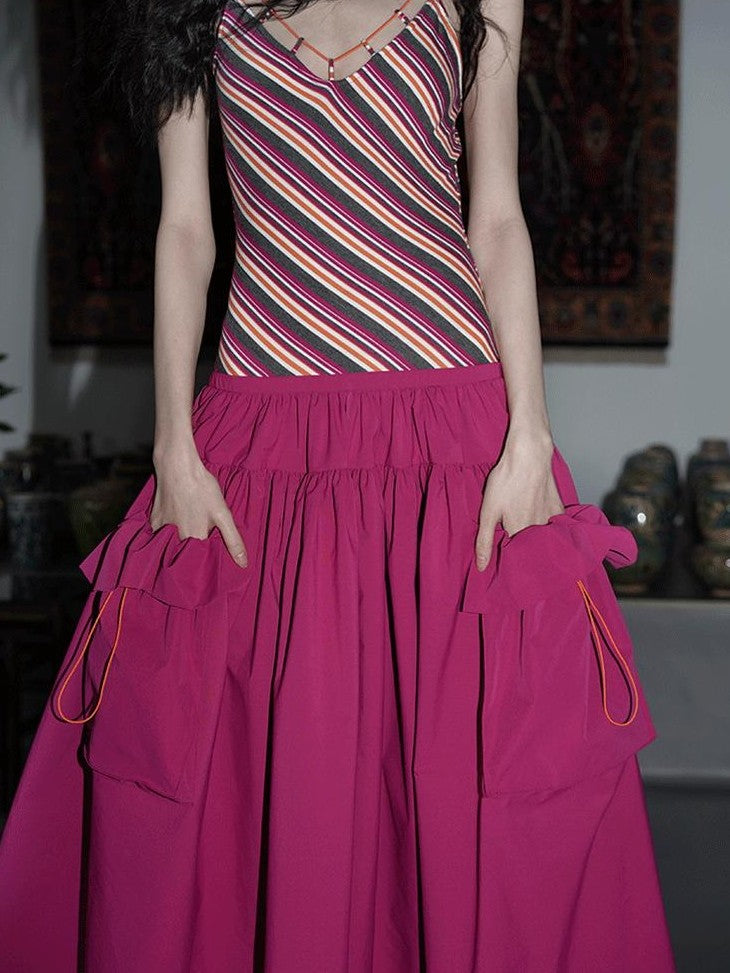 badtaste Vintage Striped Patchwork Faux Two Piece Women's Other Fabric Slip Maxi Dresses