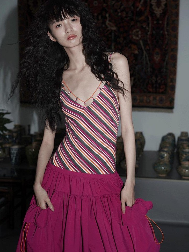 badtaste Vintage Striped Patchwork Faux Two Piece Women's Other Fabric Slip Maxi Dresses