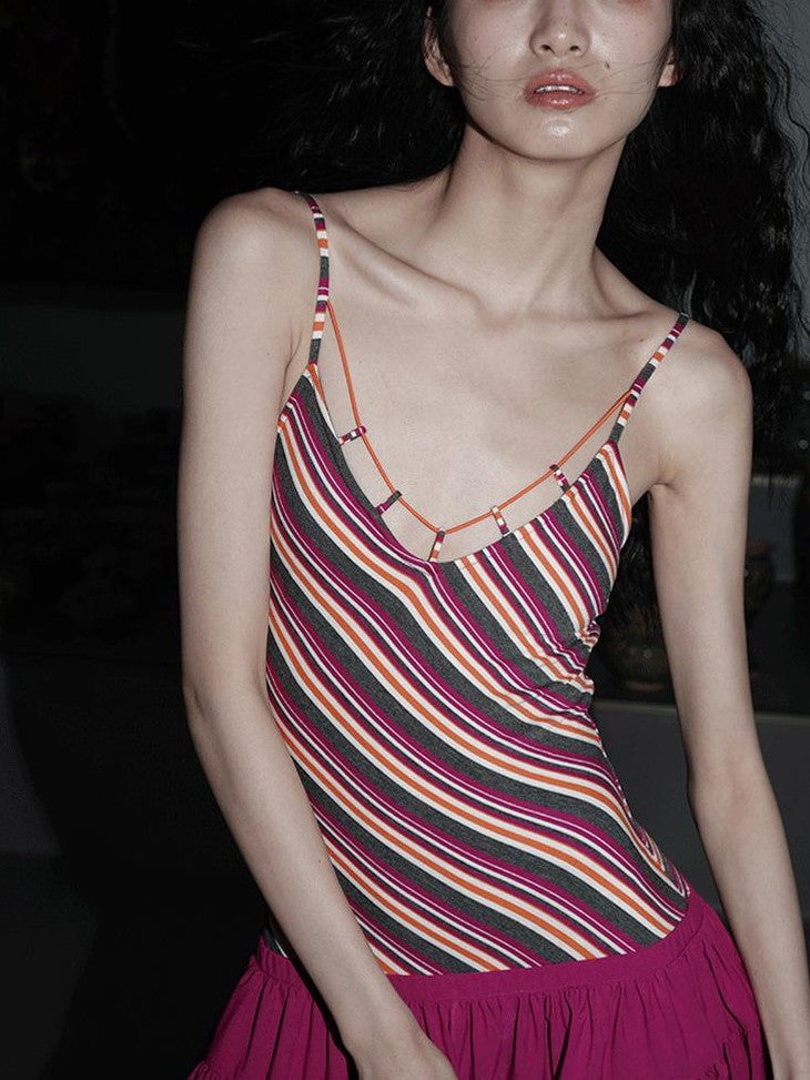 badtaste Vintage Striped Patchwork Faux Two Piece Women's Other Fabric Slip Maxi Dresses