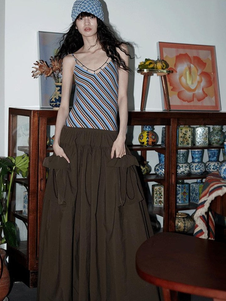 badtaste Vintage Striped Patchwork Faux Two Piece Women's Other Fabric Slip Maxi Dresses