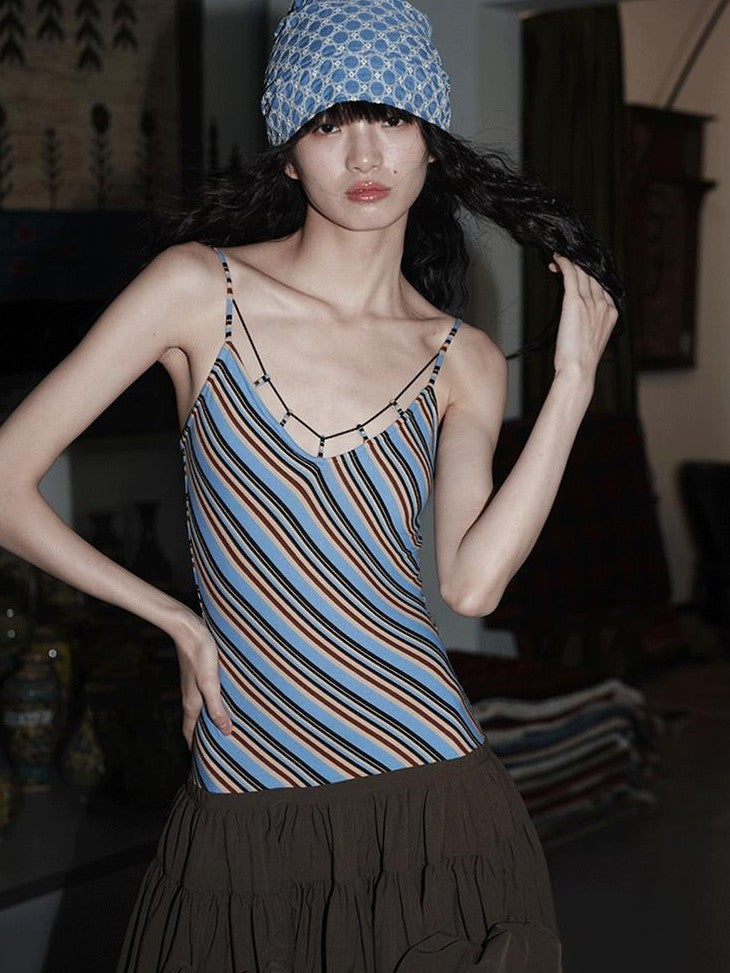 badtaste Vintage Striped Patchwork Faux Two Piece Women's Other Fabric Slip Maxi Dresses
