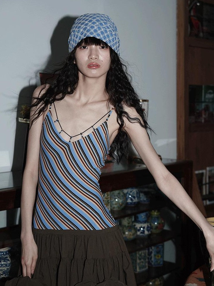 badtaste Vintage Striped Patchwork Faux Two Piece Women's Other Fabric Slip Maxi Dresses