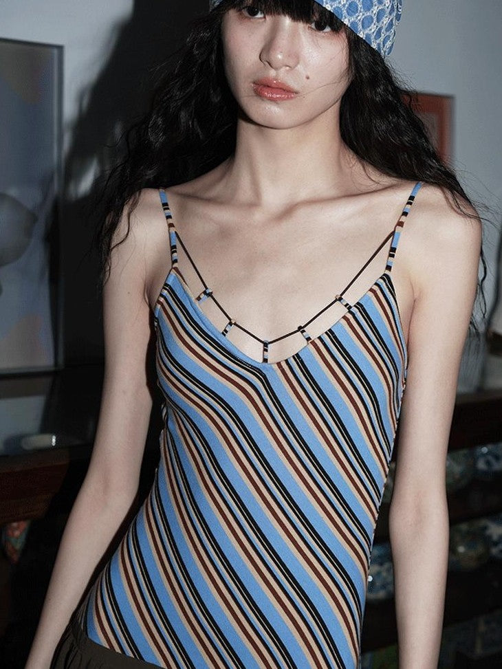 badtaste Vintage Striped Patchwork Faux Two Piece Women's Other Fabric Slip Maxi Dresses