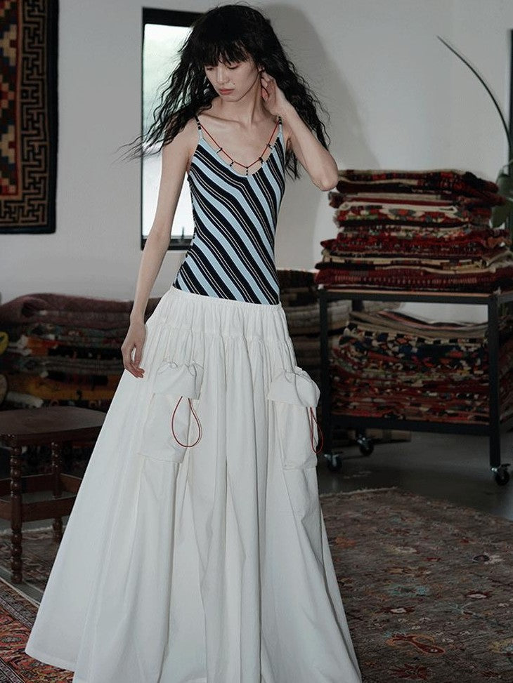 badtaste Vintage Striped Patchwork Faux Two Piece Women's Other Fabric Slip Maxi Dresses