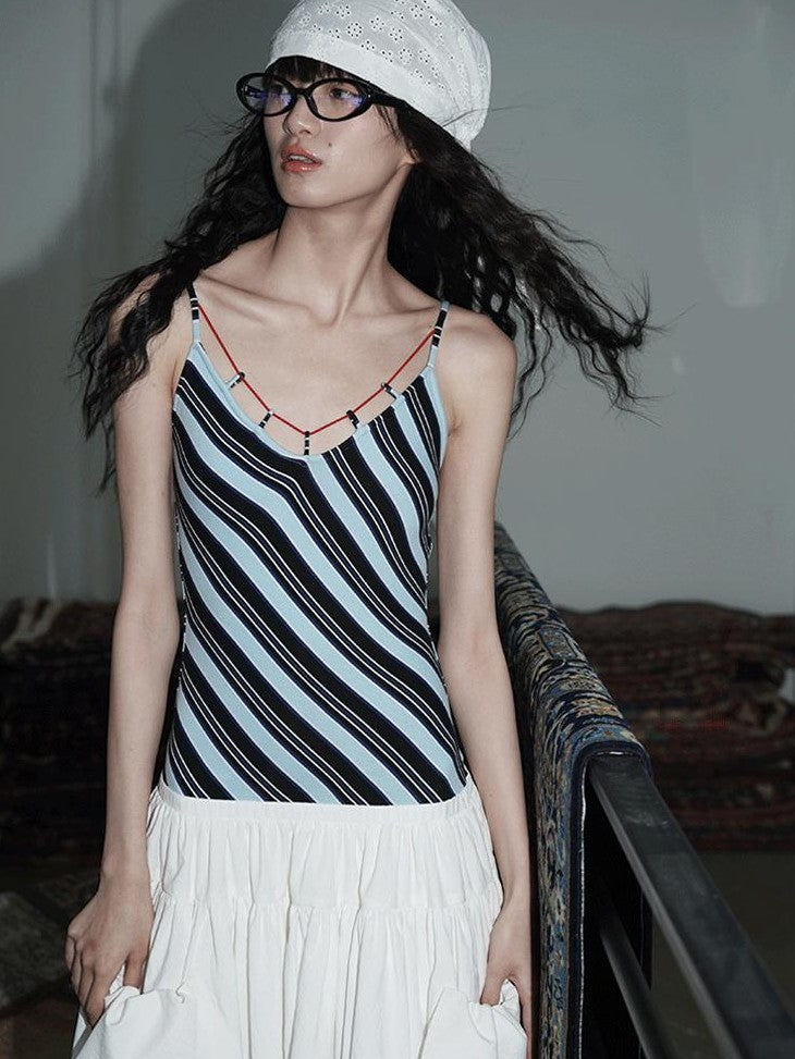 badtaste Vintage Striped Patchwork Faux Two Piece Women's Other Fabric Slip Maxi Dresses