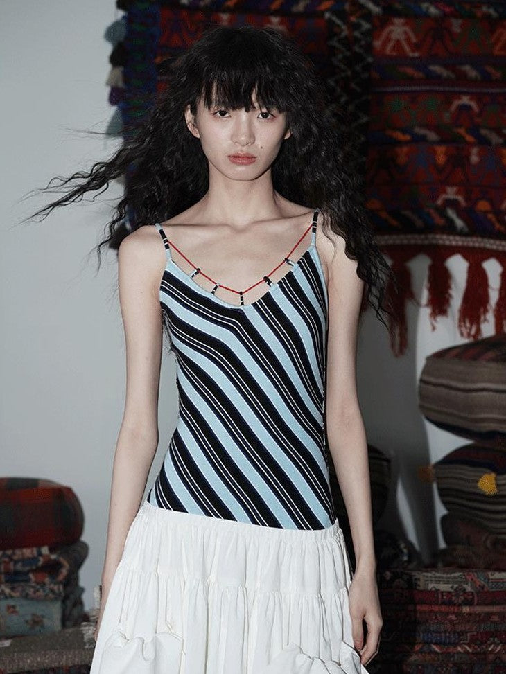 badtaste Vintage Striped Patchwork Faux Two Piece Women's Other Fabric Slip Maxi Dresses