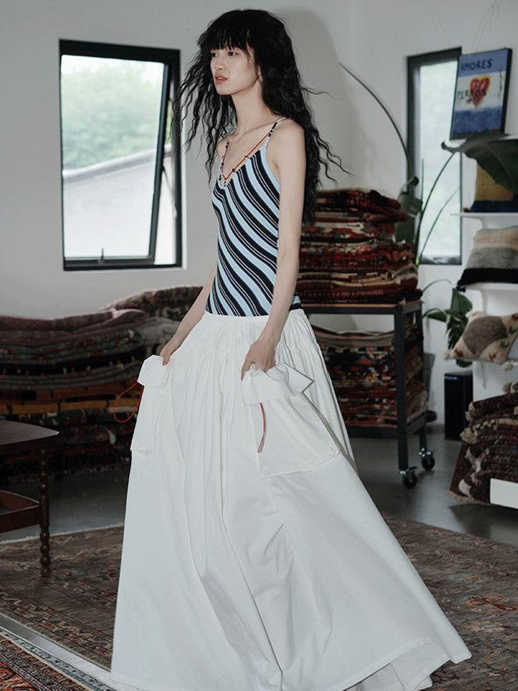 badtaste Vintage Striped Patchwork Faux Two Piece Women's Other Fabric Slip Maxi Dresses