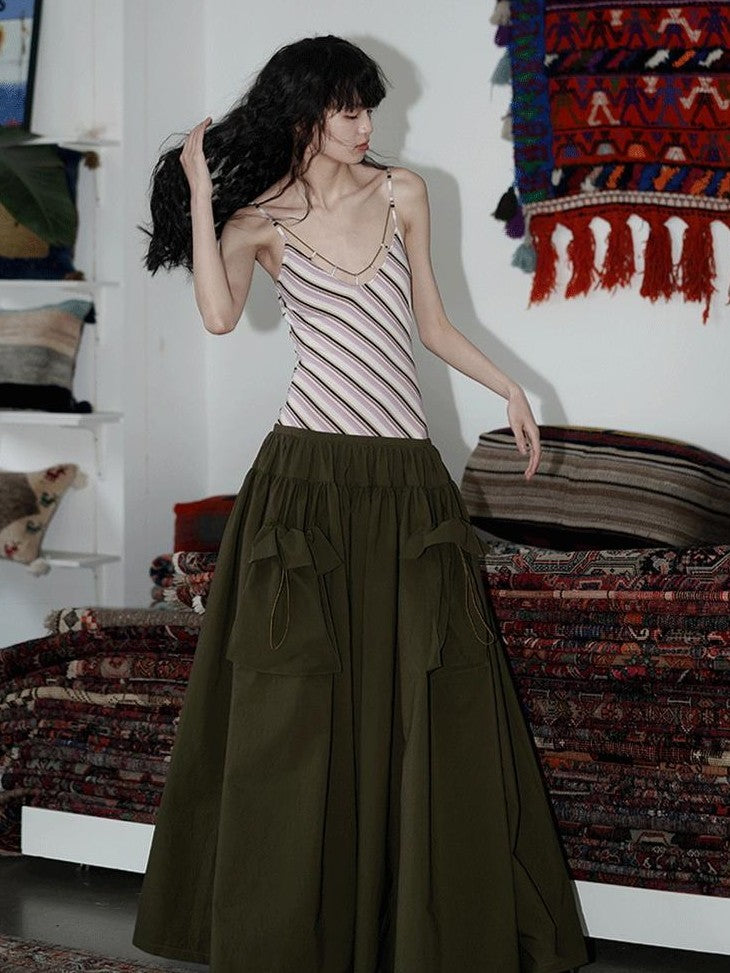 badtaste Vintage Striped Patchwork Faux Two Piece Women's Other Fabric Slip Maxi Dresses