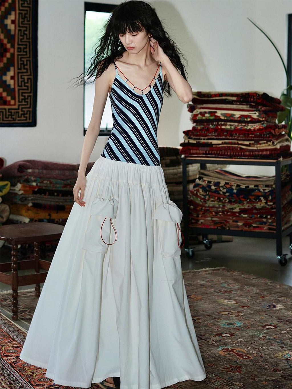 badtaste Vintage Striped Patchwork Faux Two Piece Women's Other Fabric Slip Maxi Dresses