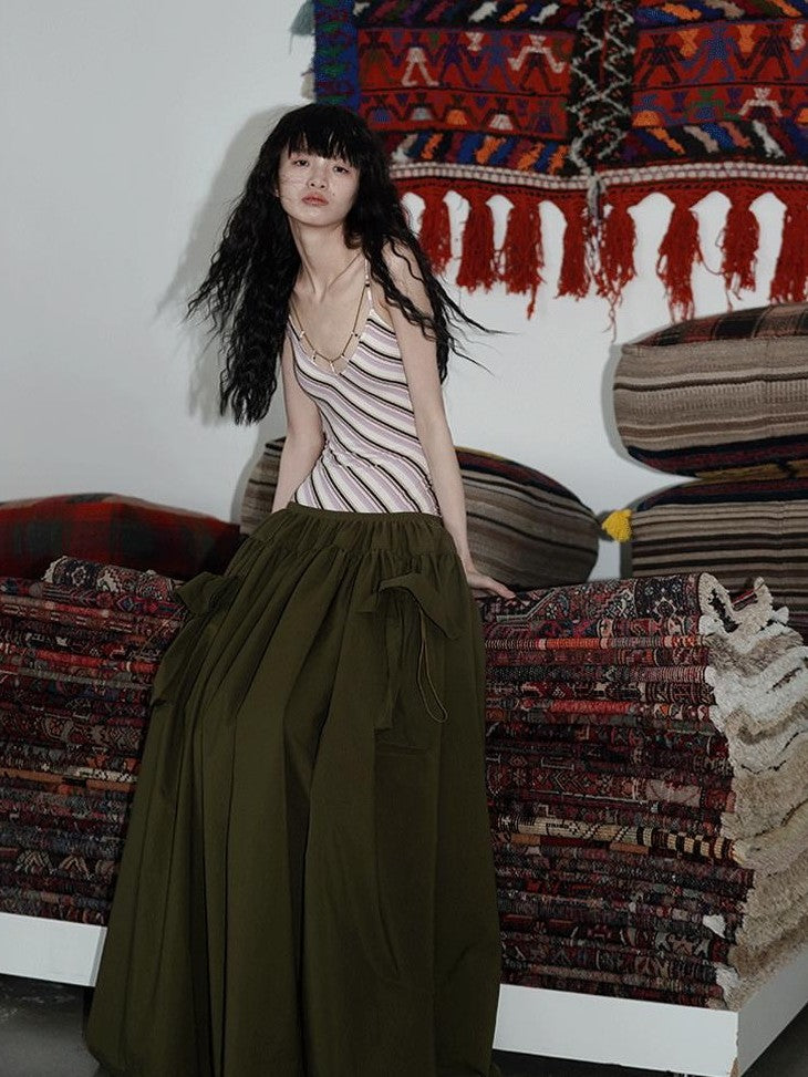 badtaste Vintage Striped Patchwork Faux Two Piece Women's Other Fabric Slip Maxi Dresses