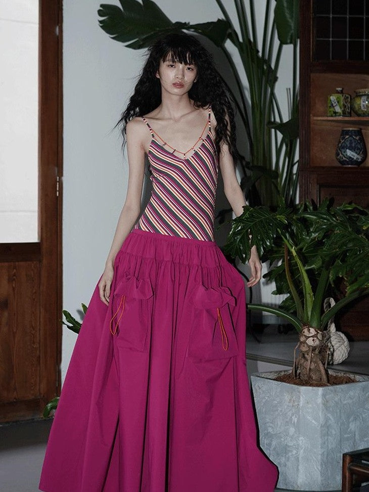 badtaste Vintage Striped Patchwork Faux Two Piece Women's Other Fabric Slip Maxi Dresses