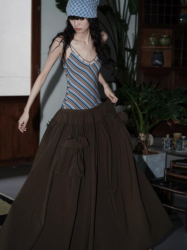 badtaste Vintage Striped Patchwork Faux Two Piece Women's Other Fabric Slip Maxi Dresses