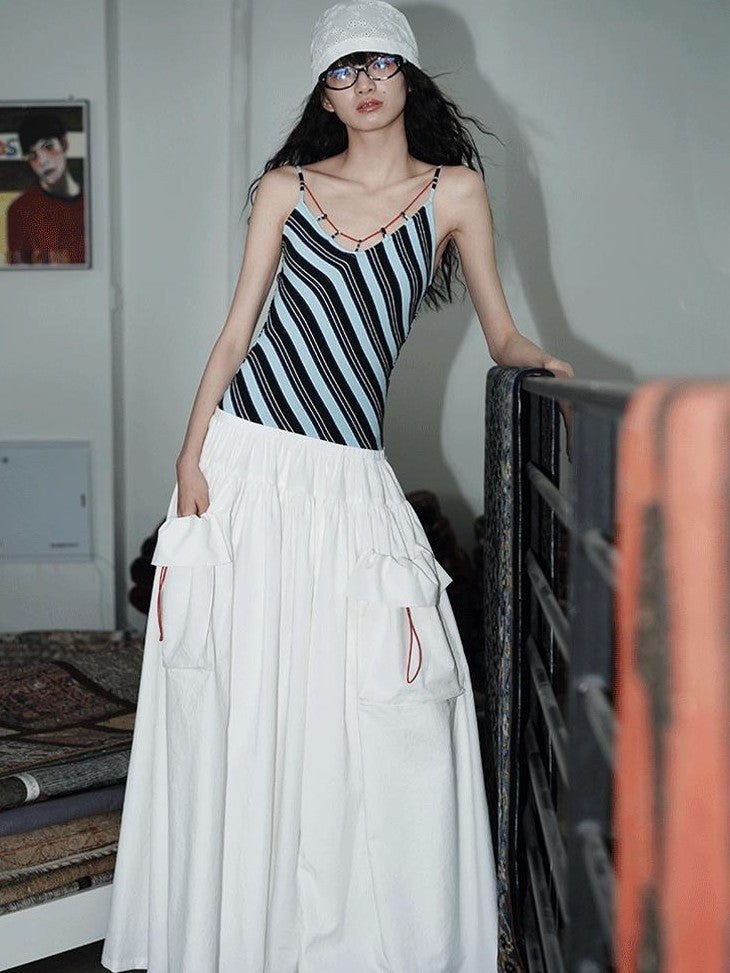 badtaste Vintage Striped Patchwork Faux Two Piece Women's Other Fabric Slip Maxi Dresses