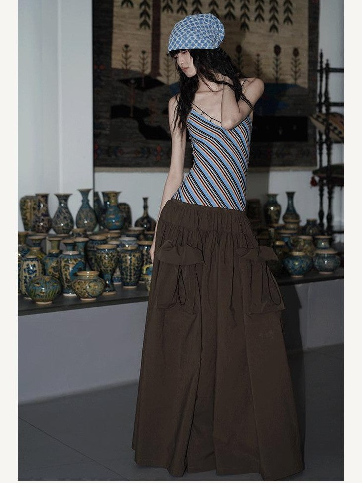 badtaste Vintage Striped Patchwork Faux Two Piece Women's Other Fabric Slip Maxi Dresses