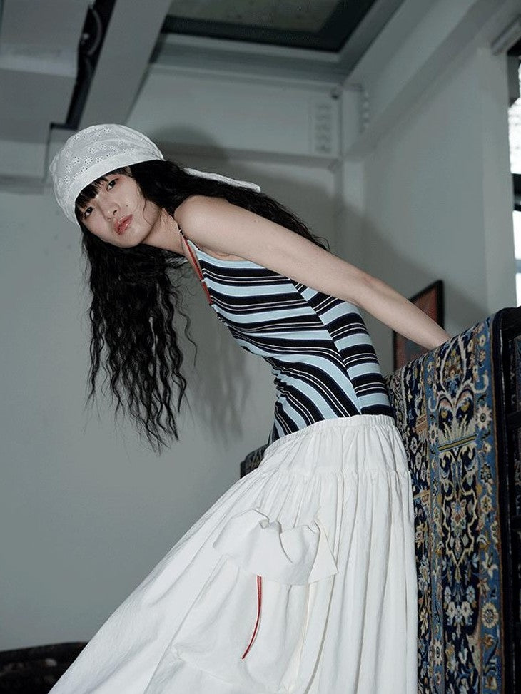 badtaste Vintage Striped Patchwork Faux Two Piece Women's Other Fabric Slip Maxi Dresses