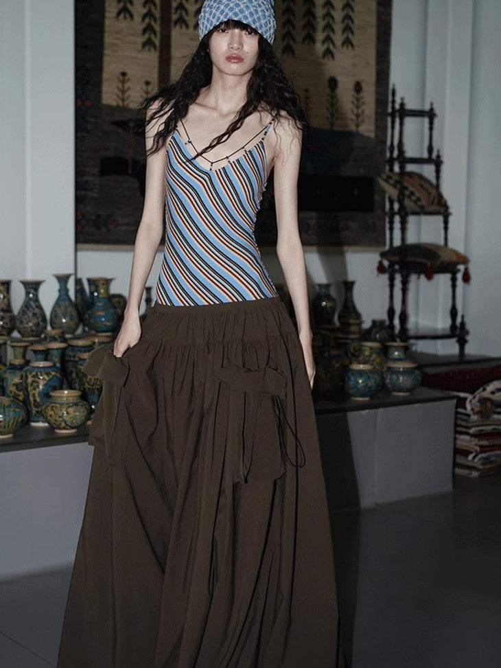 badtaste Vintage Striped Patchwork Faux Two Piece Women's Other Fabric Slip Maxi Dresses