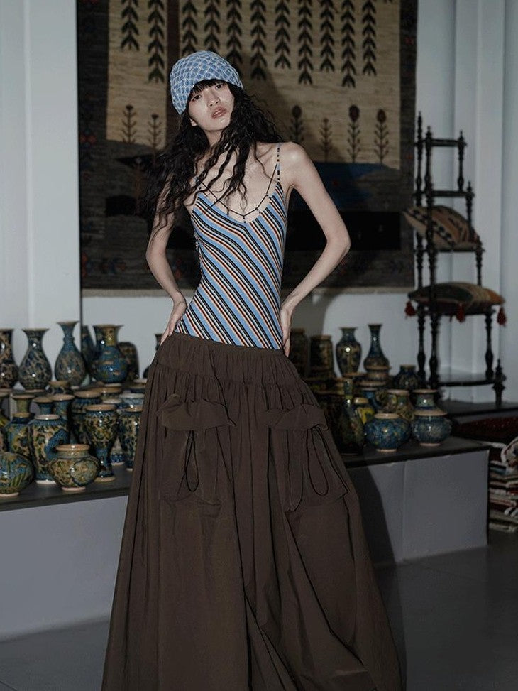 badtaste Vintage Striped Patchwork Faux Two Piece Women's Other Fabric Slip Maxi Dresses