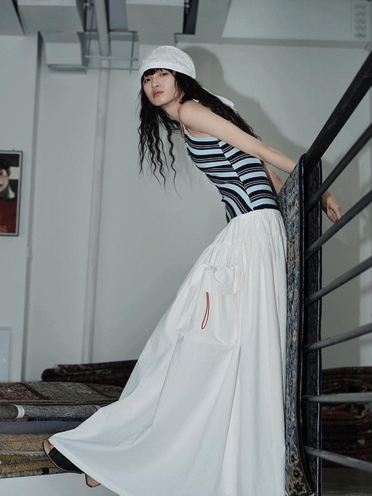 badtaste Vintage Striped Patchwork Faux Two Piece Women's Other Fabric Slip Maxi Dresses