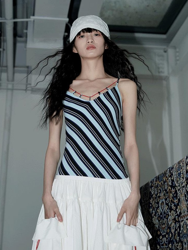 badtaste Vintage Striped Patchwork Faux Two Piece Women's Other Fabric Slip Maxi Dresses