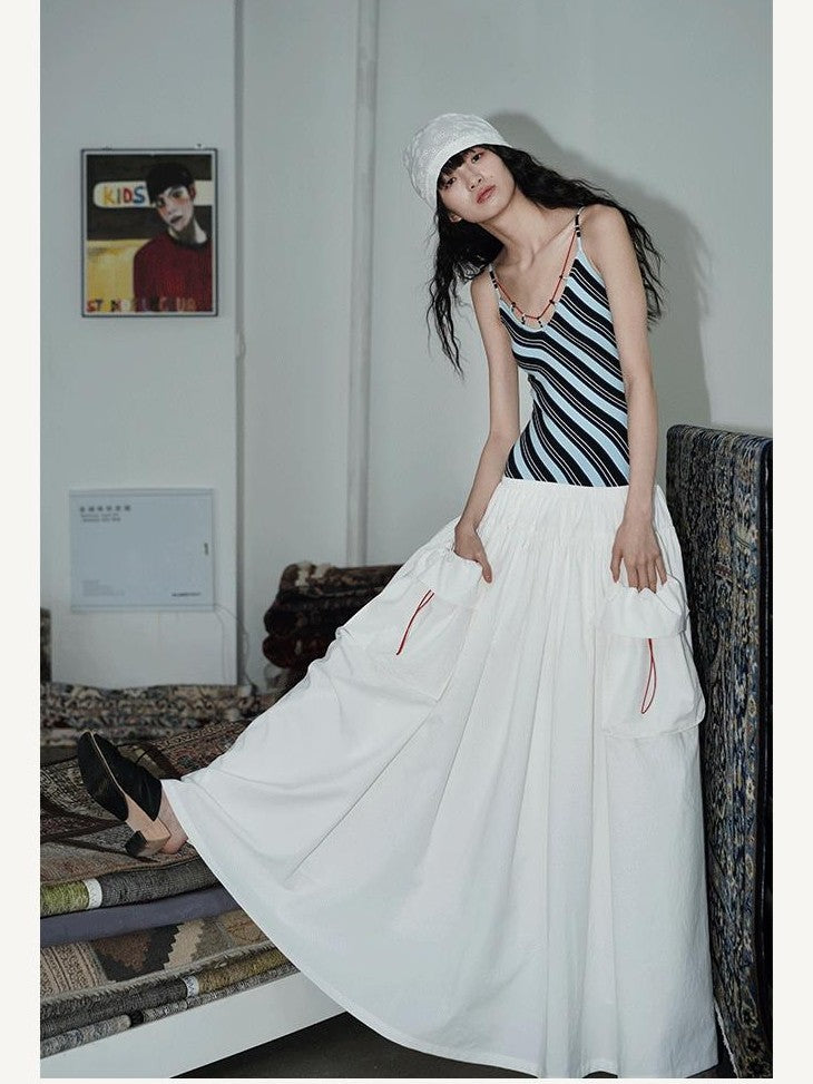 badtaste Vintage Striped Patchwork Faux Two Piece Women's Other Fabric Slip Maxi Dresses