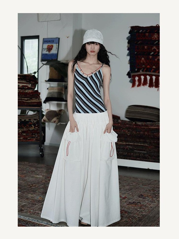 badtaste Vintage Striped Patchwork Faux Two Piece Women's Other Fabric Slip Maxi Dresses