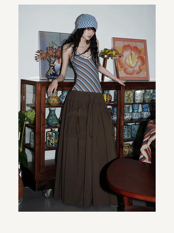 badtaste Vintage Striped Patchwork Faux Two Piece Women's Other Fabric Slip Maxi Dresses