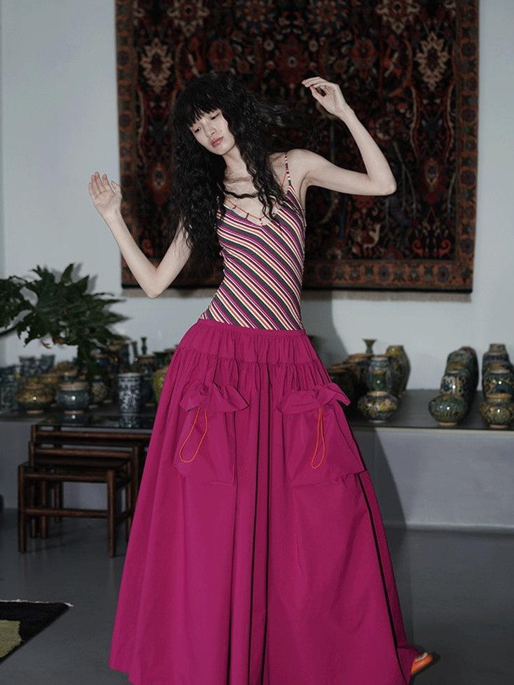 badtaste Vintage Striped Patchwork Faux Two Piece Women's Other Fabric Slip Maxi Dresses