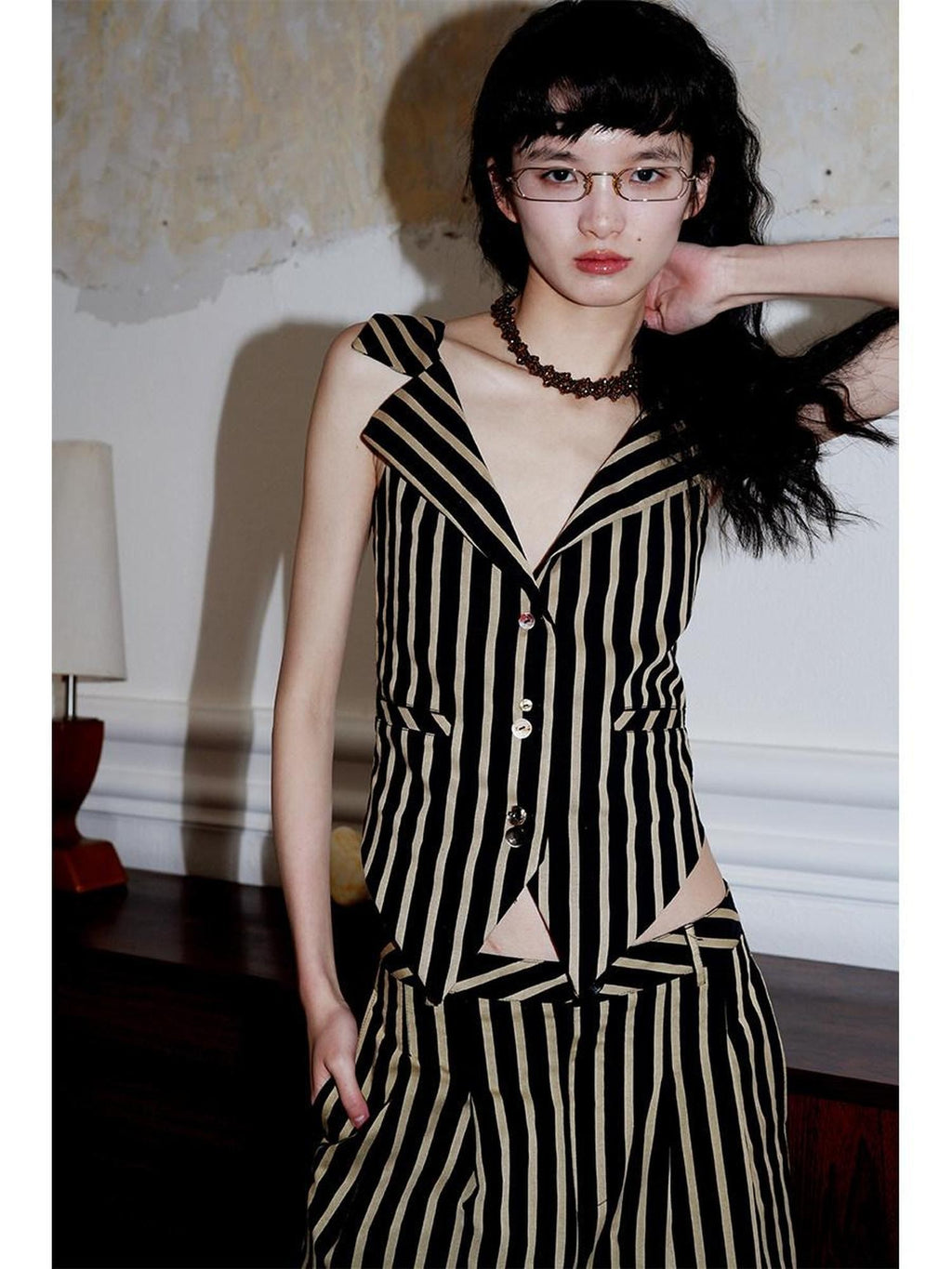 badtaste Vintage Striped V-neck Backless Cropped Slim Women's Cotton Vests