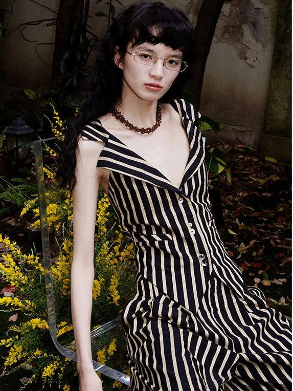 badtaste Vintage Striped V-neck Backless Cropped Slim Women's Cotton Vests