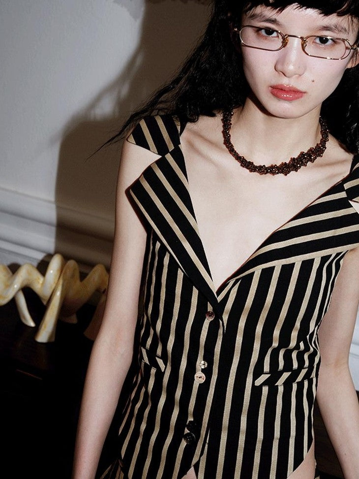 badtaste Vintage Striped V-neck Backless Cropped Slim Women's Cotton Vests