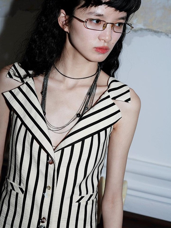 badtaste Vintage Striped V-neck Backless Cropped Slim Women's Cotton Vests