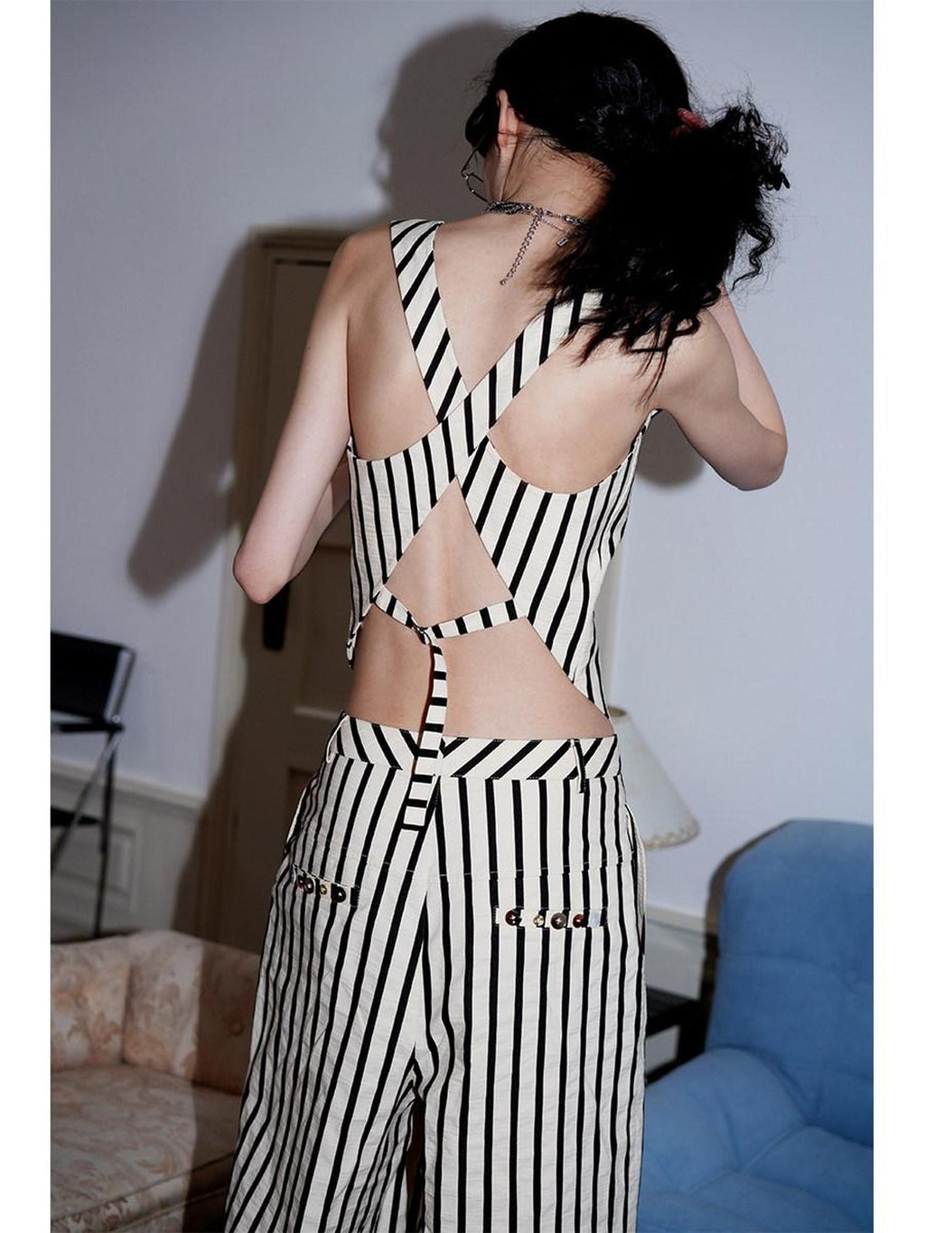 badtaste Vintage Striped V-neck Backless Cropped Slim Women's Cotton Vests