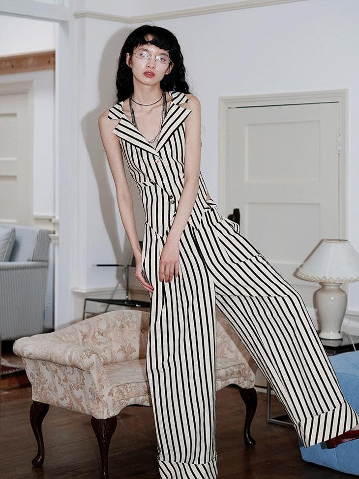badtaste Vintage Striped V-neck Backless Cropped Slim Women's Cotton Vests