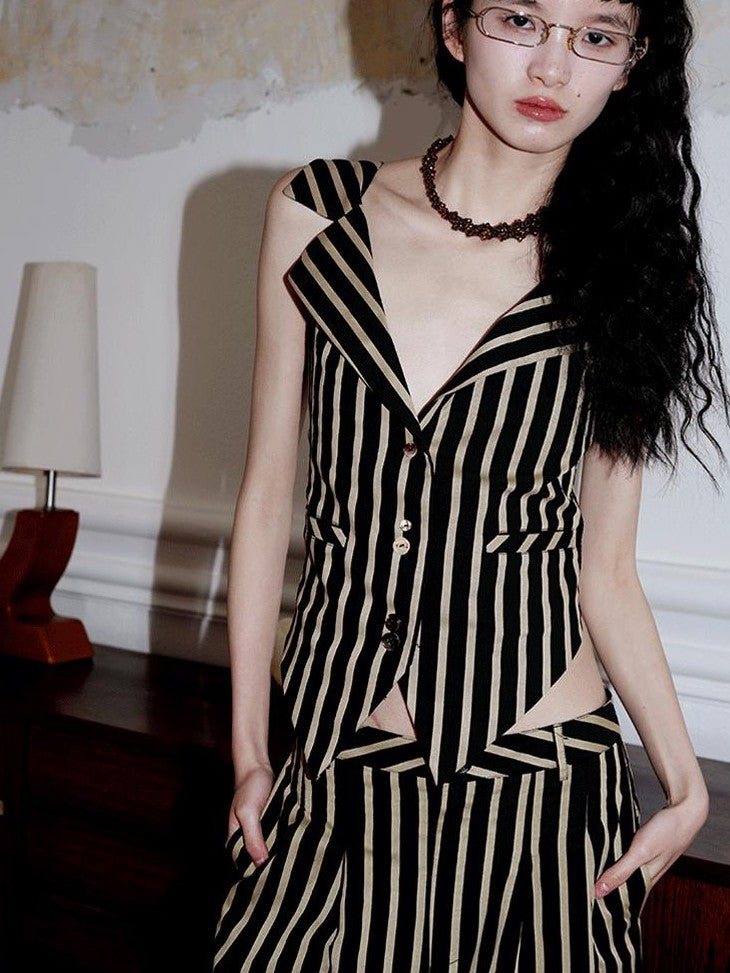 badtaste Vintage Striped V-neck Backless Cropped Slim Women's Cotton Vests