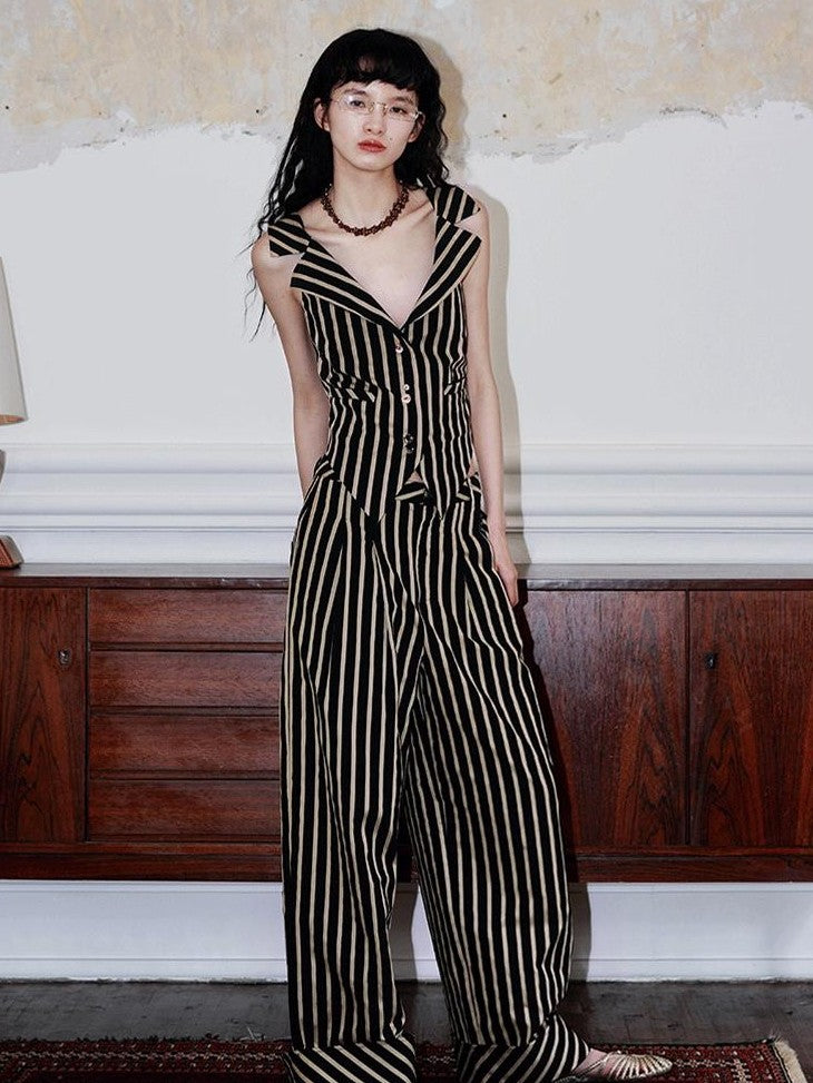 badtaste Vintage Striped V-neck Backless Cropped Slim Women's Cotton Vests