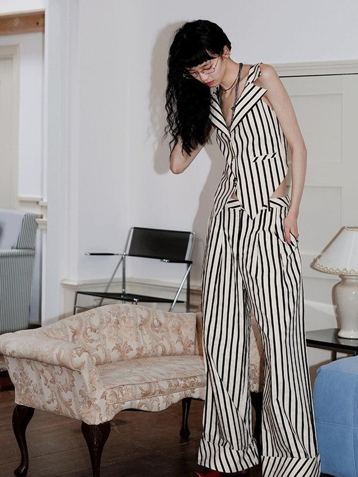 badtaste Vintage Striped V-neck Backless Cropped Slim Women's Cotton Vests