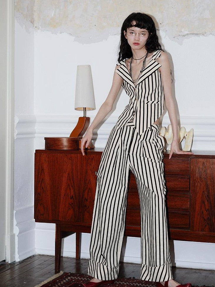 badtaste Vintage Striped V-neck Backless Cropped Slim Women's Cotton Vests