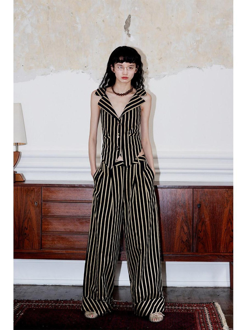 badtaste Vintage Striped V-neck Backless Cropped Slim Women's Cotton Vests