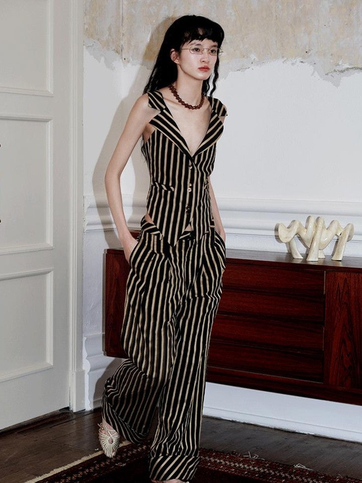 badtaste Vintage Striped V-neck Backless Cropped Slim Women's Cotton Vests
