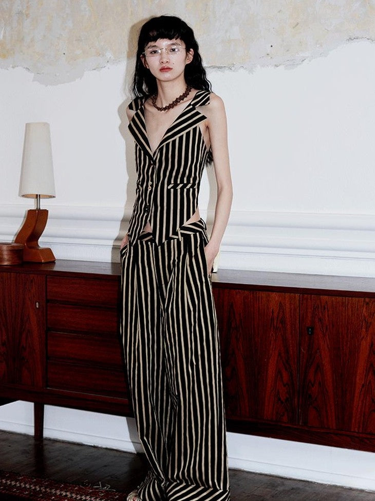 badtaste Vintage Striped V-neck Backless Cropped Slim Women's Cotton Vests