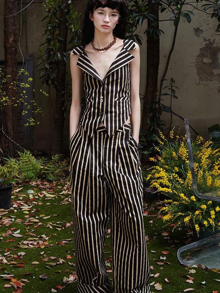 badtaste Vintage Striped V-neck Backless Cropped Slim Women's Cotton Vests