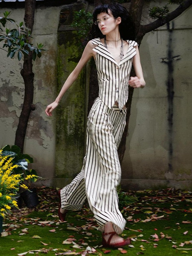 badtaste Vintage Striped V-neck Backless Cropped Slim Women's Cotton Vests