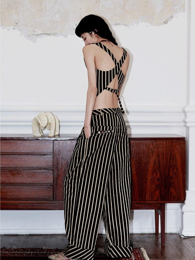 badtaste Vintage Striped V-neck Backless Cropped Slim Women's Cotton Vests