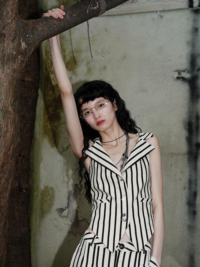 badtaste Vintage Striped V-neck Backless Cropped Slim Women's Cotton Vests