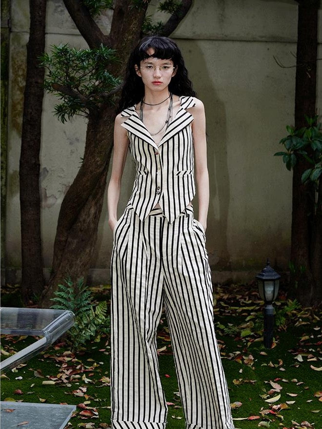 badtaste Vintage Striped V-neck Backless Cropped Slim Women's Cotton Vests